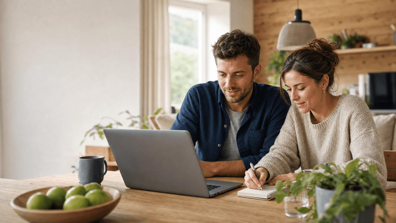 Ein Paar betrachtet gemeinsam seine Finanzplanung am Laptop